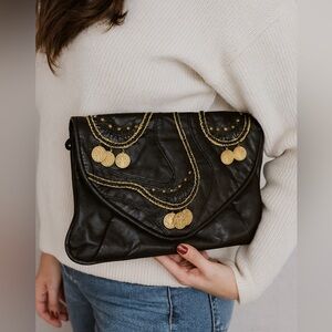 Vintage black leather clutch or crossbody purse with french coins
